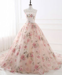 Bridesmaid Dresses Online, Pink Round Neck Tulle Lace Long Prom Dress, Pink Long Evening Gown