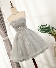 Bridesmaid Dress Gown, Gray Sweetheart Lace Tulle Short Prom Dress, Gray Cocktail Dress