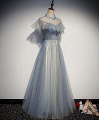 Bridesmaid Dress Shops, Light Blue Tulle Lace Long Prom Dress, Tulle Evening Dress