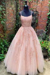 Party Dress Bridal, Lace Appliques Pink A LineTulle Long Prom Dresses With Straps