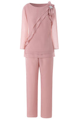 Midi Dress, Pink Ruffles 3/4 Sleeves Mother of the Bride Pant Suits