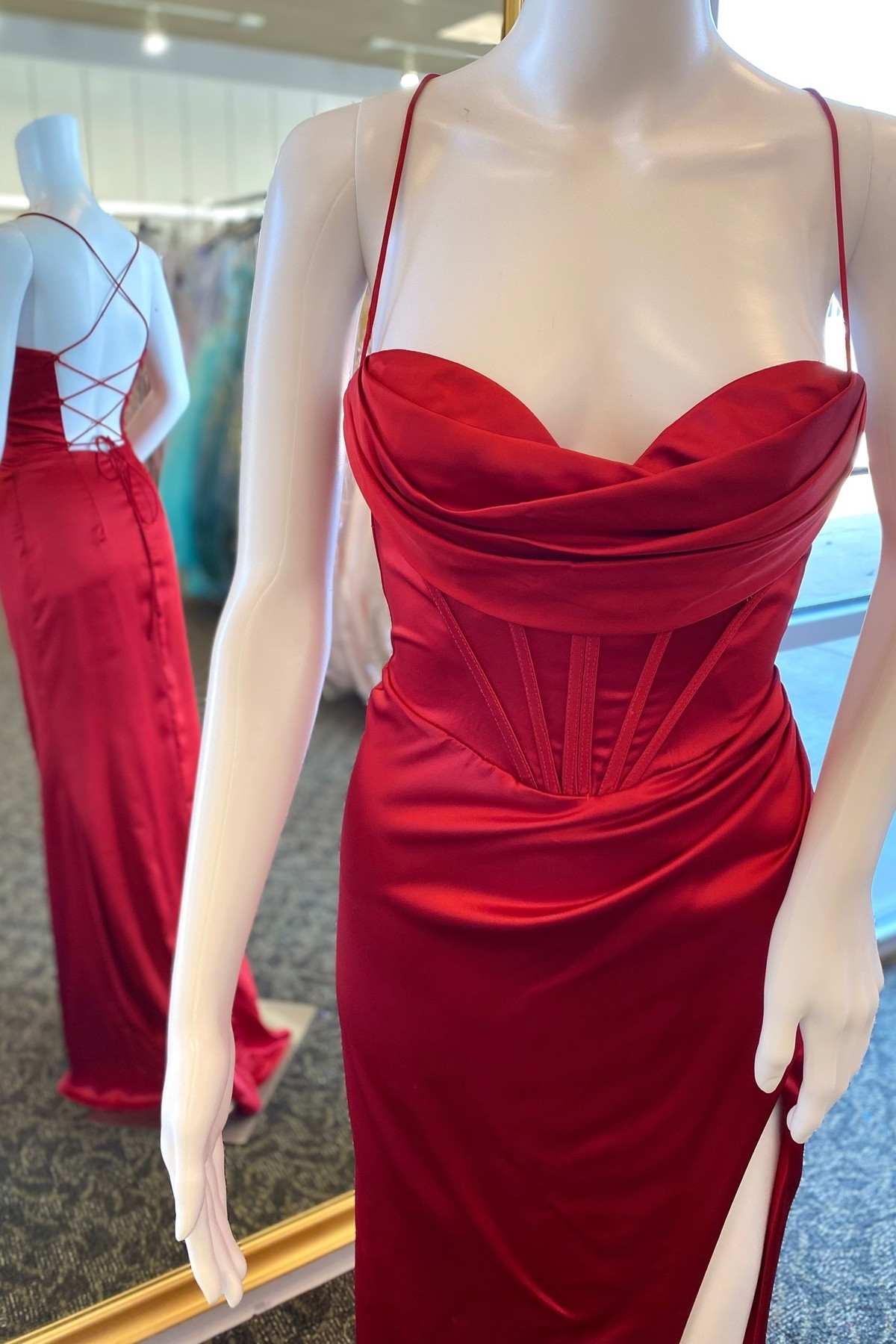 Evening Dress Stores, Wine Red Cowl Neck Lace-Up Back Long Prom Dress with Slit