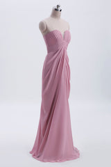 Prom Dress Boho, Strapless Blush Pink Draped High Waist Long Bridesmaid Dress
