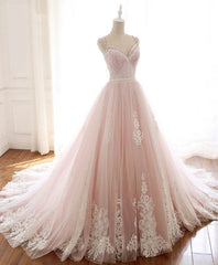Bridesmaid Dresses Ideas, Pink Sweetheart Lace Tulle Long Prom Dress, Lace Pink Evening Dress