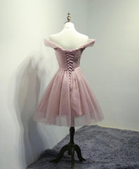 Homecoming Dresses For Kids, Simple V Neck Tulle Off Shoulder Short Prom Dress, Pink Homecoming Dress