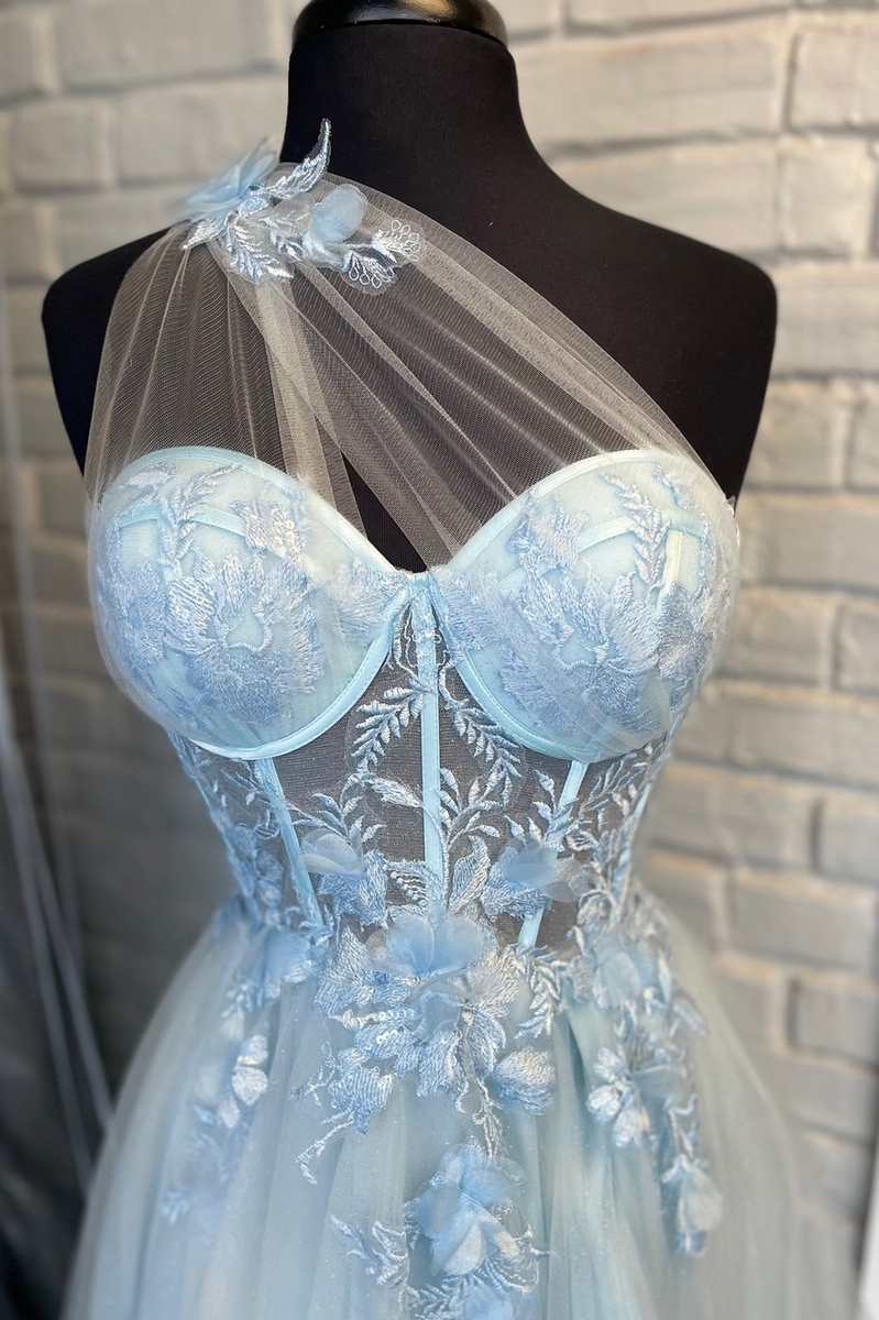 Party Dress Afternoon Tea, One-Shoulder Light Blue Tulle 3D Floral Lace A-Line Prom Dress