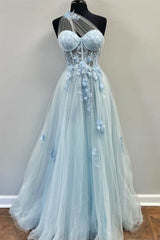 Casual Dress, One-Shoulder Light Blue Tulle 3D Floral Lace A-Line Prom Dress