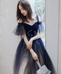 Formal Dress To Attend Wedding, Blue Sweetheart Tulle Off Shoulder Long Prom Dress, Blue Evening Dress