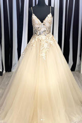 Party Dress Idea, Champagne V Neck Tulle Lace Long Prom Dresses Evening Dresses