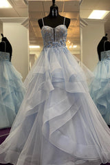 Evening Dresses And Gowns, Light Blue Straps Layers Floral A-line Long Prom Dress