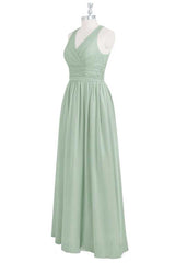 Prom Dress Shiny, Sage Green V-Neck Backless A-Line Bridesmaid Dress
