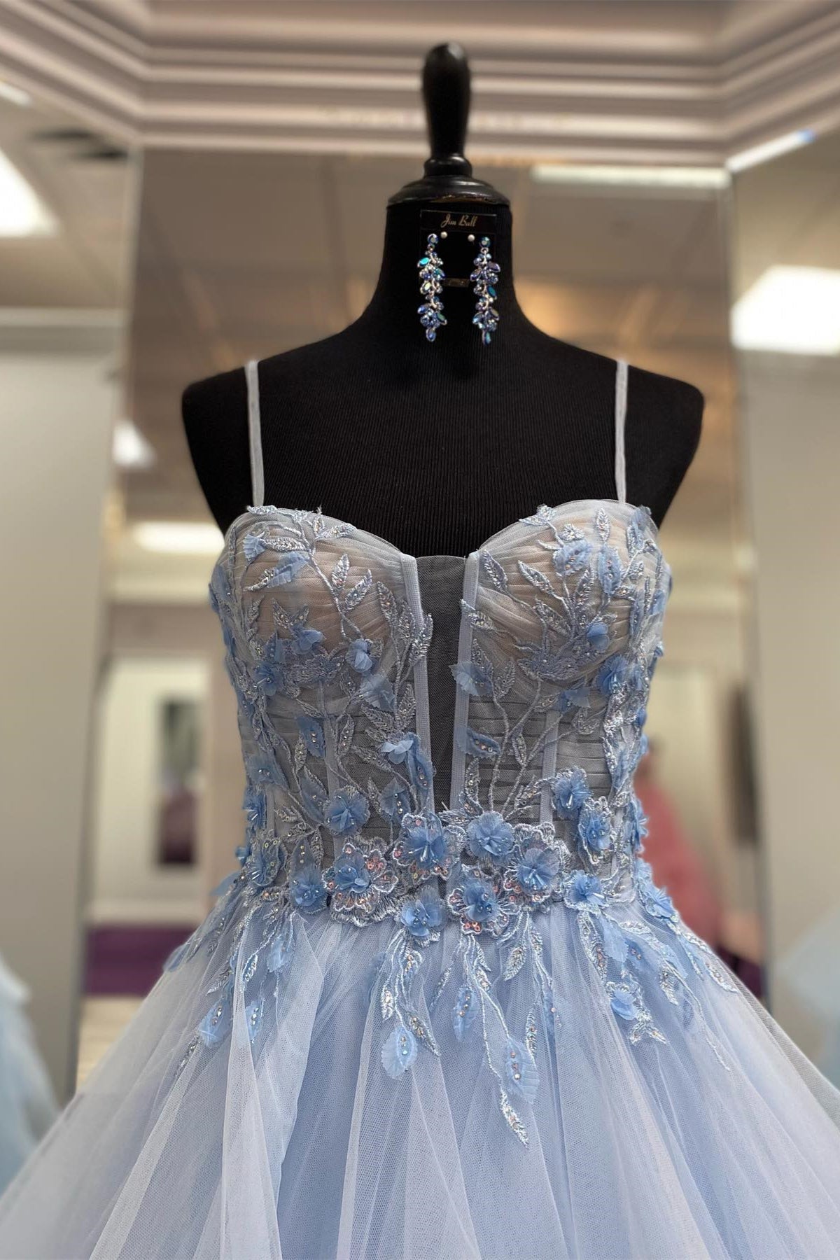 Evening Dresses Designer, Light Blue Straps Layers Floral A-line Long Prom Dress