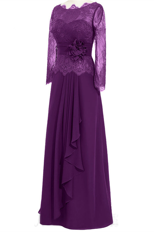 Prom Dress Two Pieces, Ruffles Purple Lace Long Mother of the Bride Dress