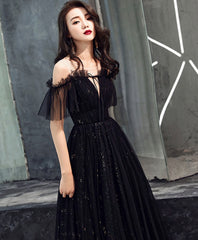 Evening Dresses Yde, Black Tulle Off Shoulder Long Prom Dress, Black Formal Dress