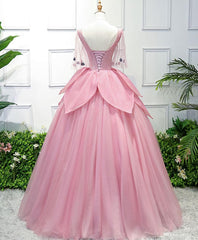 Graduation Outfit Ideas, Pink V Neck Tulle Lace Applique Long Prom Dress, Pink Evening Dress, 1