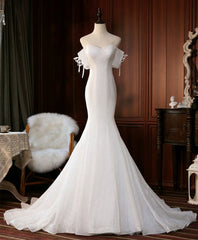 Wedding Dresses For Fall Weddings, White Sequin Mermaid Long Prom Dress, White Wedding Dress