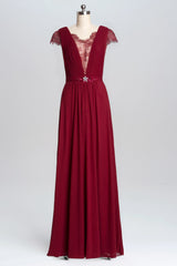 Evening Dress Stunning, Wine Red A-line Chiffon Long Bridesmaid Dress with Cap Sleeves