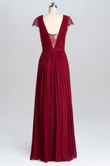 Evening Dresses Stunning, Wine Red A-line Chiffon Long Bridesmaid Dress with Cap Sleeves