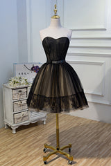 Long Gown, Elegant Black Strapless Lace Up Ball Gown Tulle Homecoming Dresses