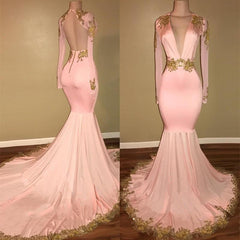 Party Dress Teens, Long Sleeves Blushing Pink Deep V Neck Mermaid Backless With Gold Appliques Prom Dresses