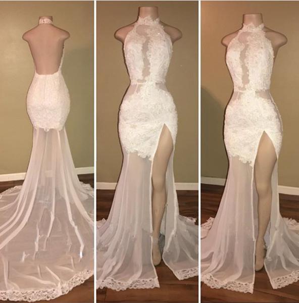 Party Dress Maxi, New Arrival Sheath White High Neck Side Slit Lace Backless See Through African Prom Dresses