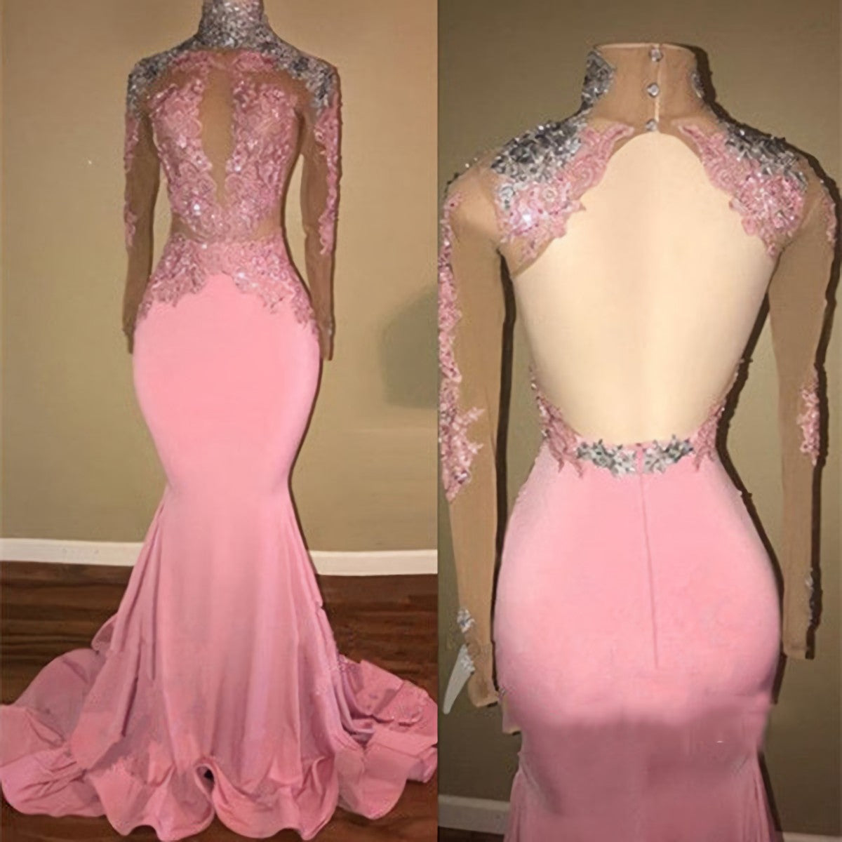 Prom Dresses Patterned, Mermaid Backless Long Sleeves Pink See Through African Long Prom Dresses