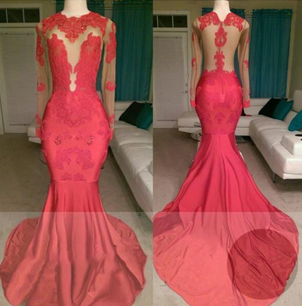 Party Dresses Maxi, 2024 Red Mermaid See Through Long Sleeves Satin Appliques Long Prom Dresses
