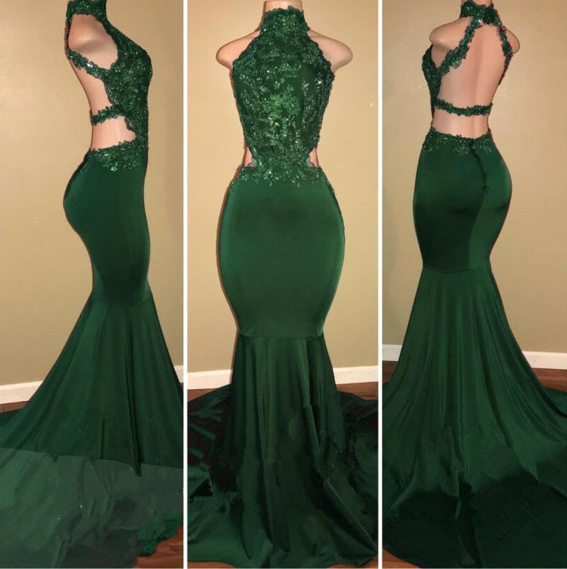 Bridesmaid Dresses Blush, Sexy High Neck Green Backless Mermaid Elastic Satin Appliques Long African Prom Dresses