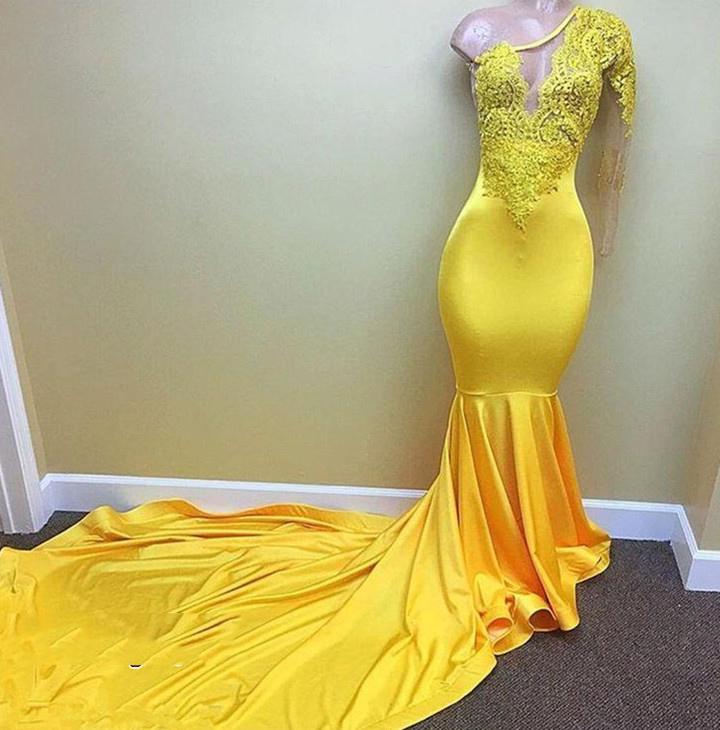 Mermaid Wedding Dress, Charming One Shoulder Yellow See Through Mermaid Long Prom Dresses