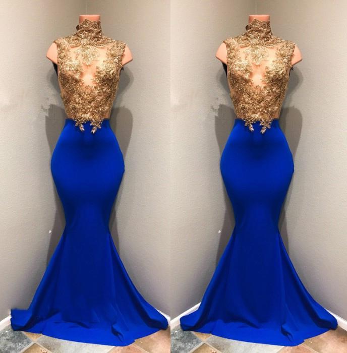 Party Dress Styling Ideas, Charming Royal Blue Mermaid See Through Gold Appliques African Long Prom Dresses