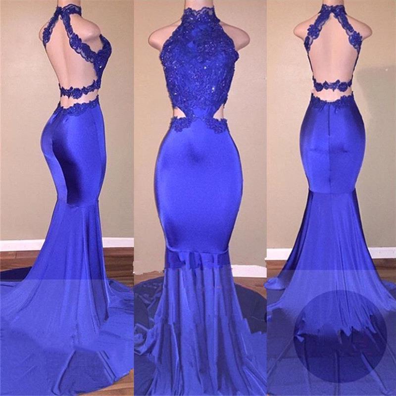 Bridesmaid Dress Modest, Sexy Mermaid Royal Blue Backless With Appliques High Neck Long Prom Dresses