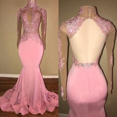 Prom Dresses For Blondes, Alluring Pink Mermaid Long Sleeves Backless Elastic Satin Open Front High Neck 2024 Prom Dresses