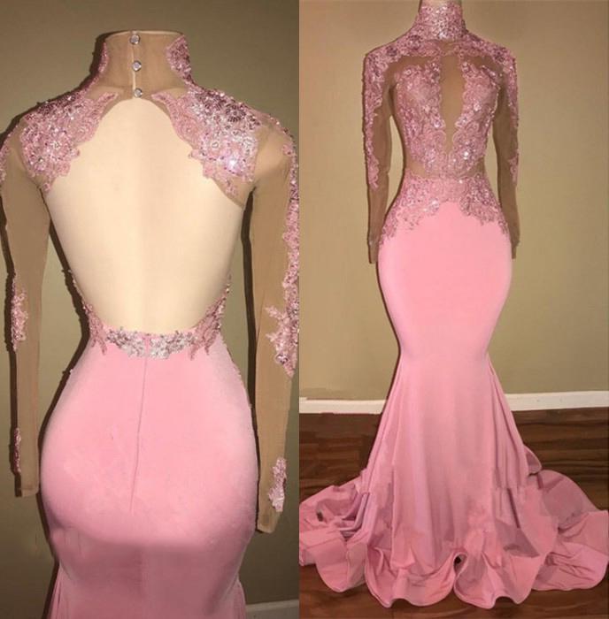 Party Dress Designs, Alluring Pink Mermaid Long Sleeves Backless Elastic Satin Open Front High Neck Prom Dresses