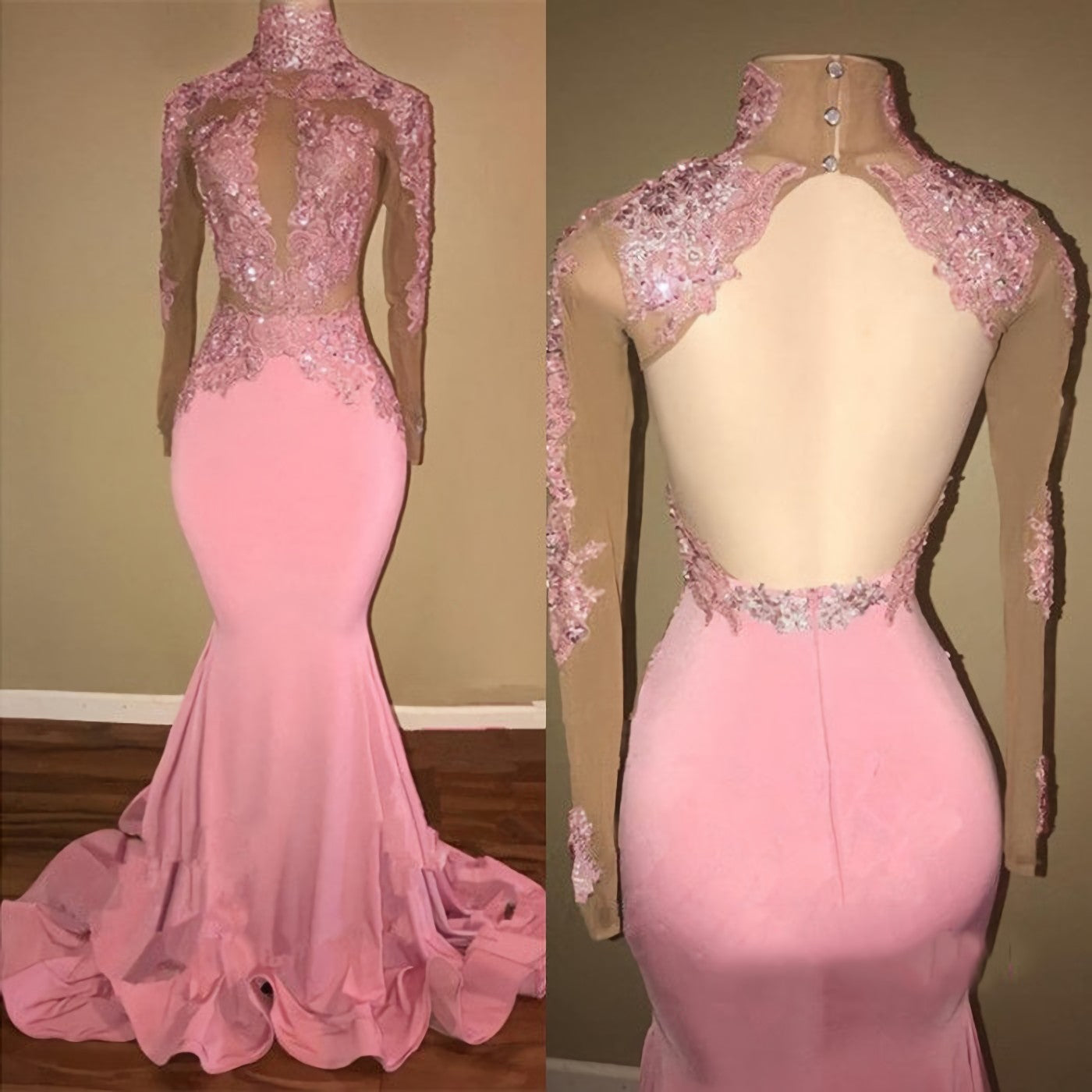Bridesmaid Dress Navy Blue, Alluring Pink Mermaid Long Sleeves Backless Elastic Satin Open Front High Neck Prom Dresses 2024