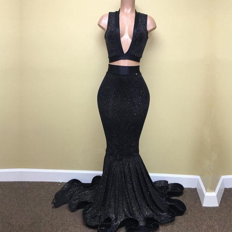 Bridesmaid Dress Mauve, Sexy Mermaid Black V Neck Two Pieces Sequence Long Prom Dresses