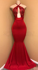 Bridesmaides Dresses Long, Sexy Red Mermaid Halter Open Front Satin Prom Dresses With Sequence