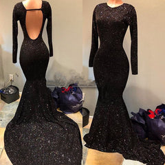 Bridesmaid Dress Color Palette, Shiny Black Mermaid Long Sleeves Round Neck Backless Long Sequence Prom Dresses