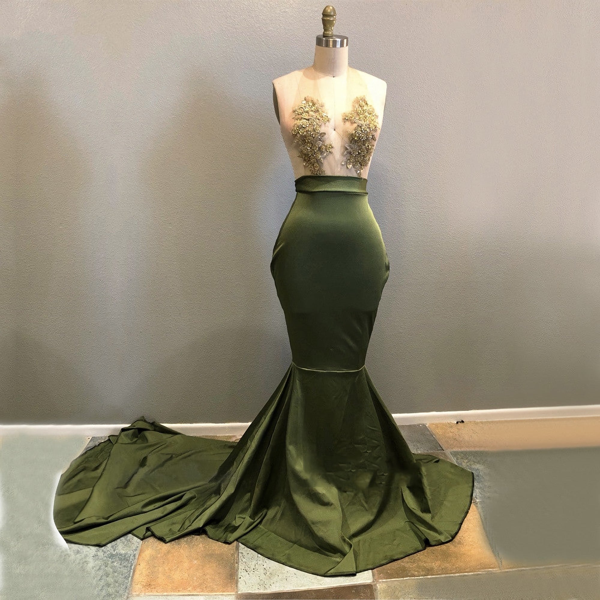 Prom Dress Corset, Long Green Halter Deep V Neck Elastic Satin With Appliques Backless Prom Dresses