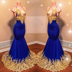 Bridesmaid Dresses Neutral, Amazing Royal Blue Mermaid With Gold Appliques Sweetheart Spaghetti Straps Backless Prom Dresses