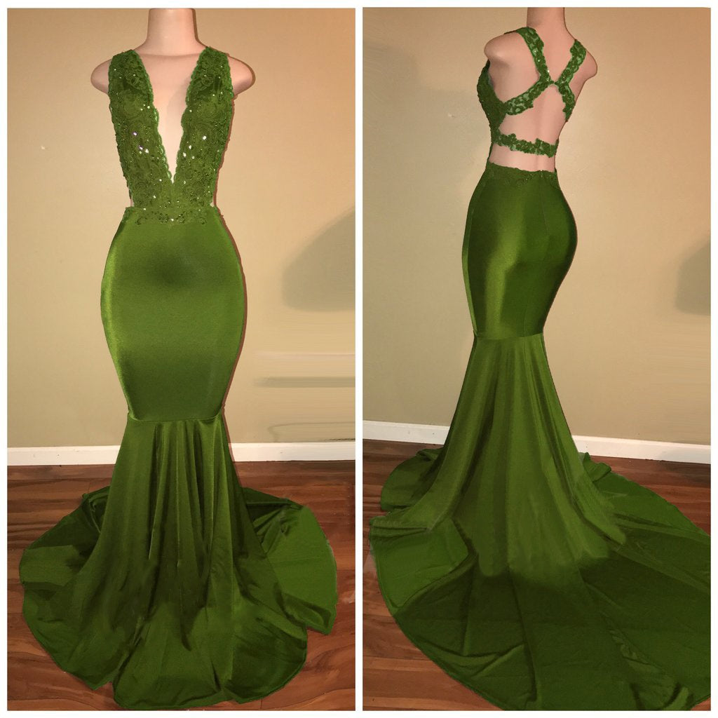 Prom Dresses For Warm Weather, Green Mermaid Deep V Neck Criss Cross Backless Long Prom Dresses
