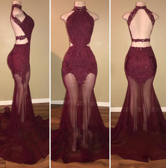 Party Dresses Shorts, Burgundy Mermaid See Through Backless Tulle African Prom Dresses