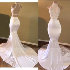 Party Dress Wedding, White Mermaid Backless Long African High Neck Lace Long Prom Dresses