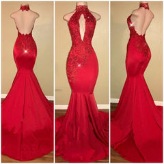 Bridesmaid Dresses By Color, Sexy Mermaid Red High Neck Backless African Open Front Long Prom Dresses
