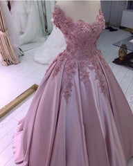 Party Dress Shops, Charming Satin Off Shoulder Flowers Dusty Rose Ball Dresses