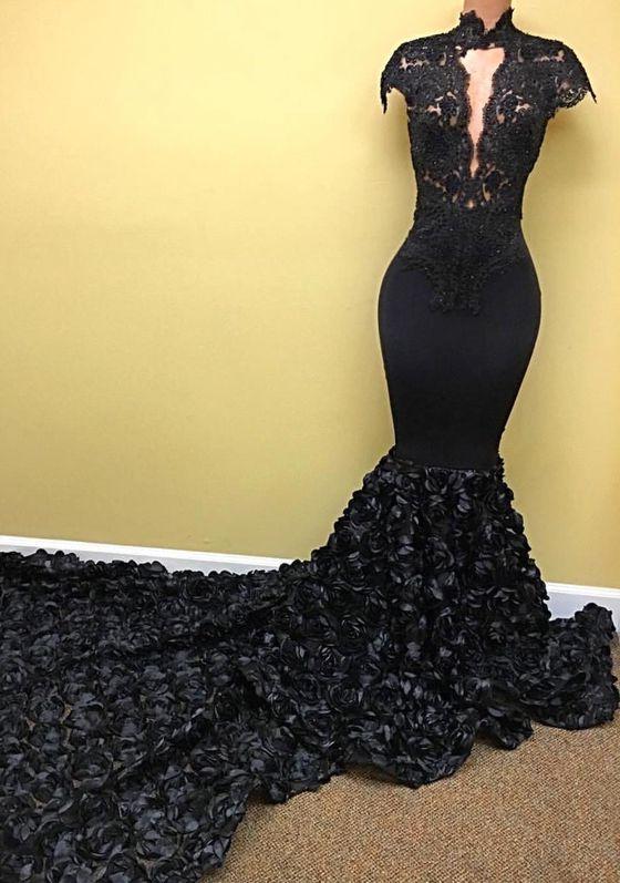 Party Dress Classy, Sexy Mermaid Black High Neck Key Hole Rose Capped Sleeves Long Prom Dresses