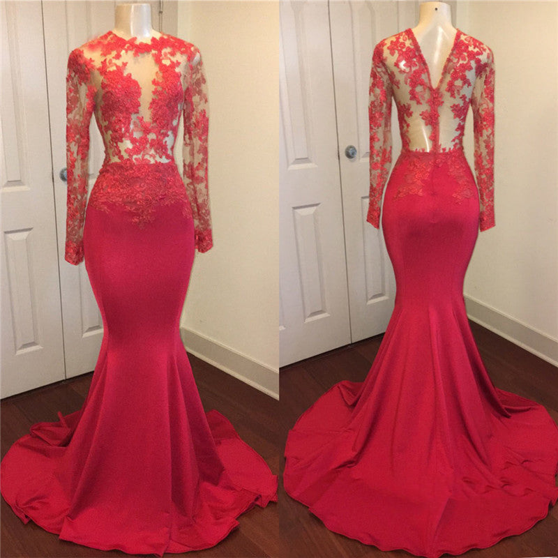 Bridesmaids Dresses On Sale, Sexy Mermaid Red See Through Zipper Long Sleeves Long African Prom Dresses