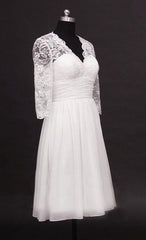 Wedding Dress For The Beach, 2024 A Line Cheap V Neck Long Sleeves Chiffon Knee Length Short Lace Wedding Dresses