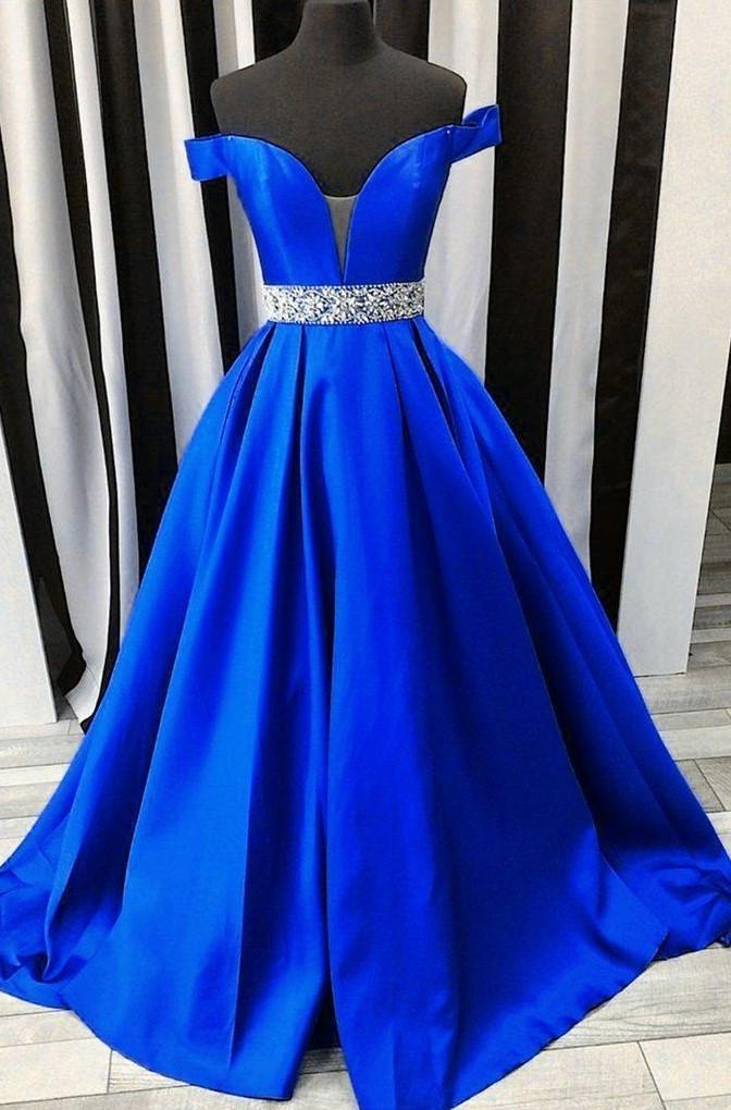 Party Dresses Sales, 2024 New Arrival A Line Satin Royal Blue Sweetheart Off Shoulder Beaded Long Prom Dresses