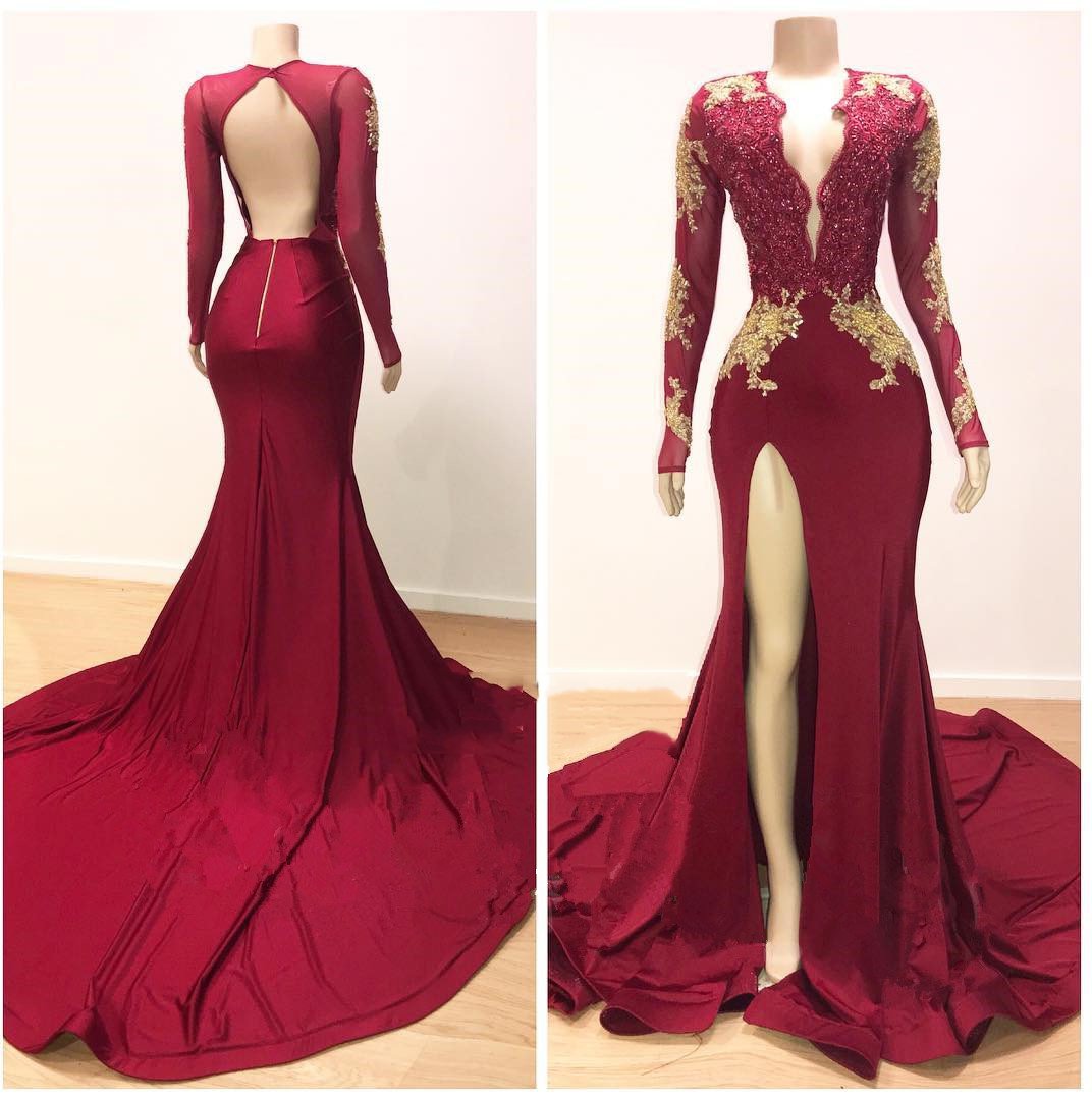 Bachelorette Party Games, 2024 Sexy Sheath Long Sleeves Burgundy and Gold Appliques Side Slit Deep V Neck African American Backless Prom Dresses