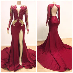 Prom Dresses Champagne, 2024 Sheath Long Sleeves Burgundy and Gold Appliques Side Slit Deep V Neck African American Backless Prom Dresses